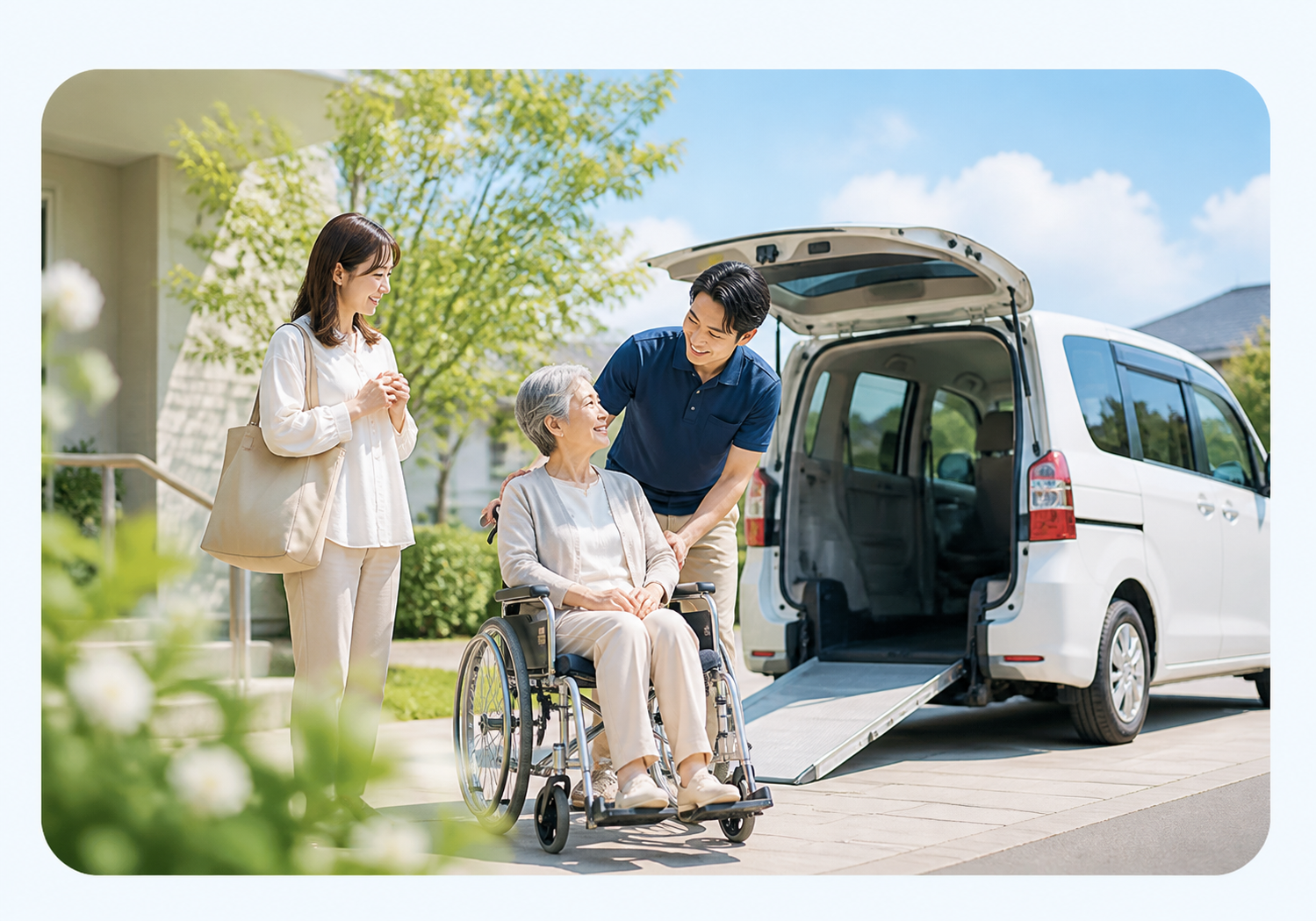 福祉タクシーで車いすの方を支える家族とスタッフ