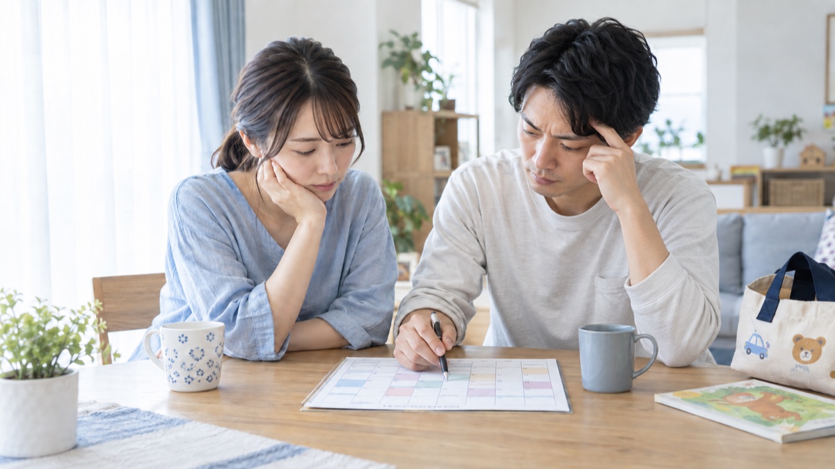 子育てと仕事の予定表を前に考える男女のイメージ