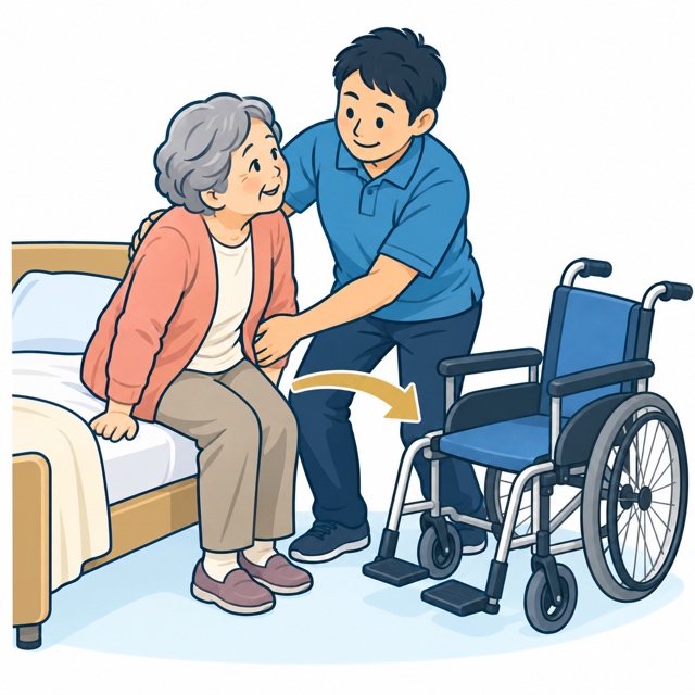 ベッドから車いすへ移る利用者を支える職員